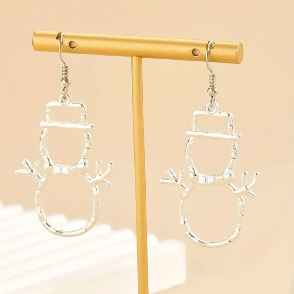 Hollow Christmas Cutout Snowman Silver Plated/Alloy Dangle Earrings. Brand New!
